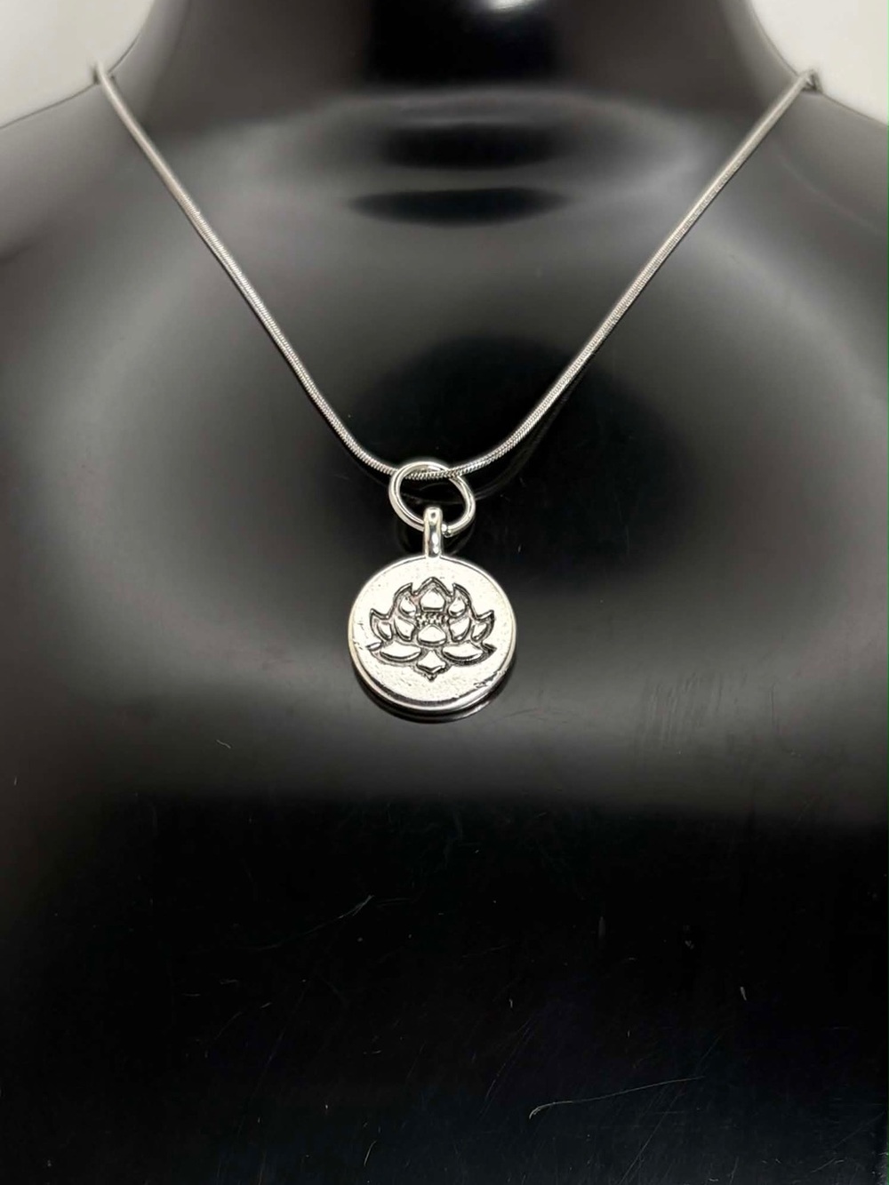 Silver Tone Lotus Coin Necklace on Stainless Steel Chain